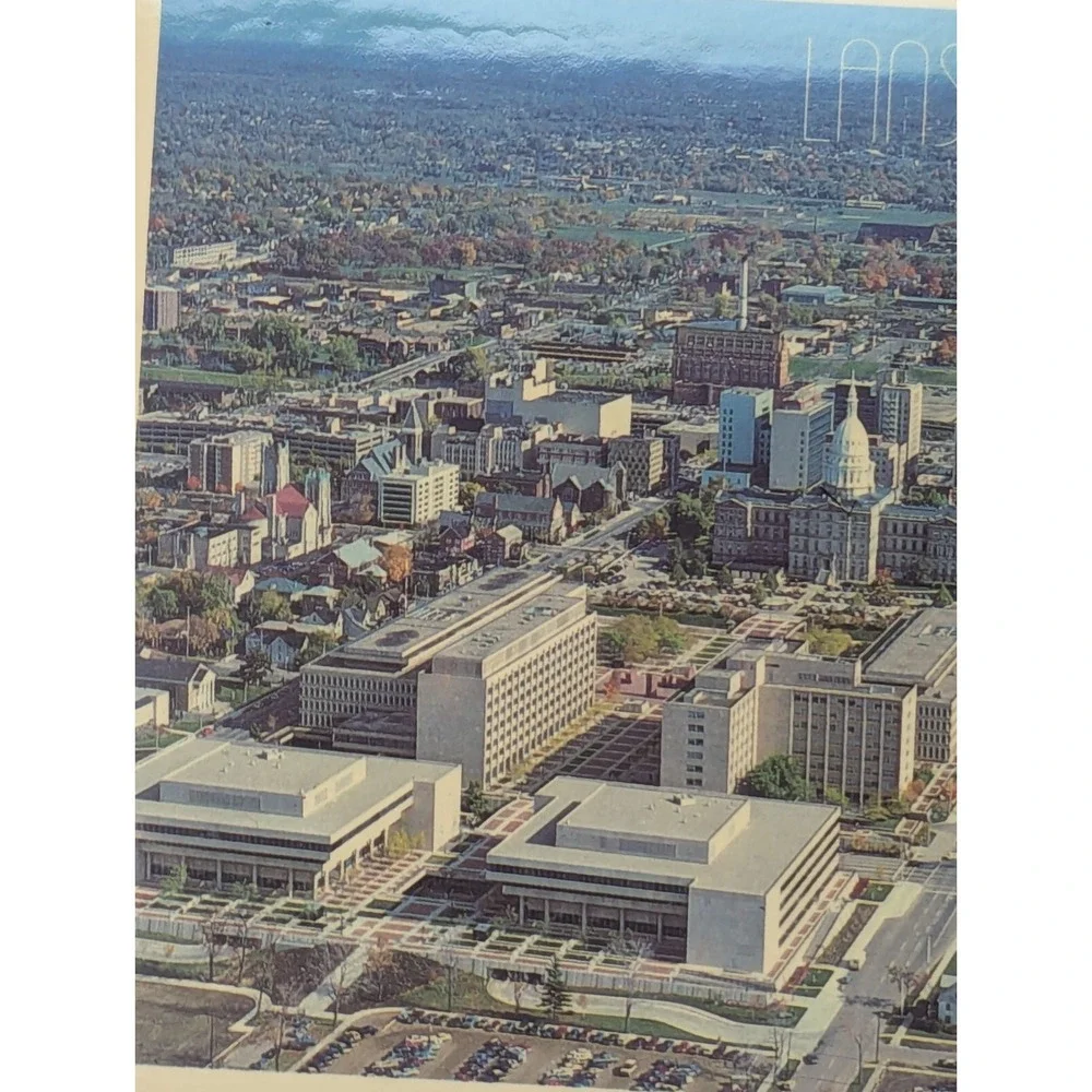 c1970s Lansing, Mich. Birds Eye Downtown State Office Civic Postcard